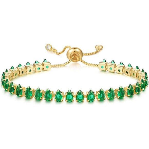Women's 14K Gold Plated Green Teardrop Cubic Zirconia Stackable Tennis Bracelet - Picture 1 of 6